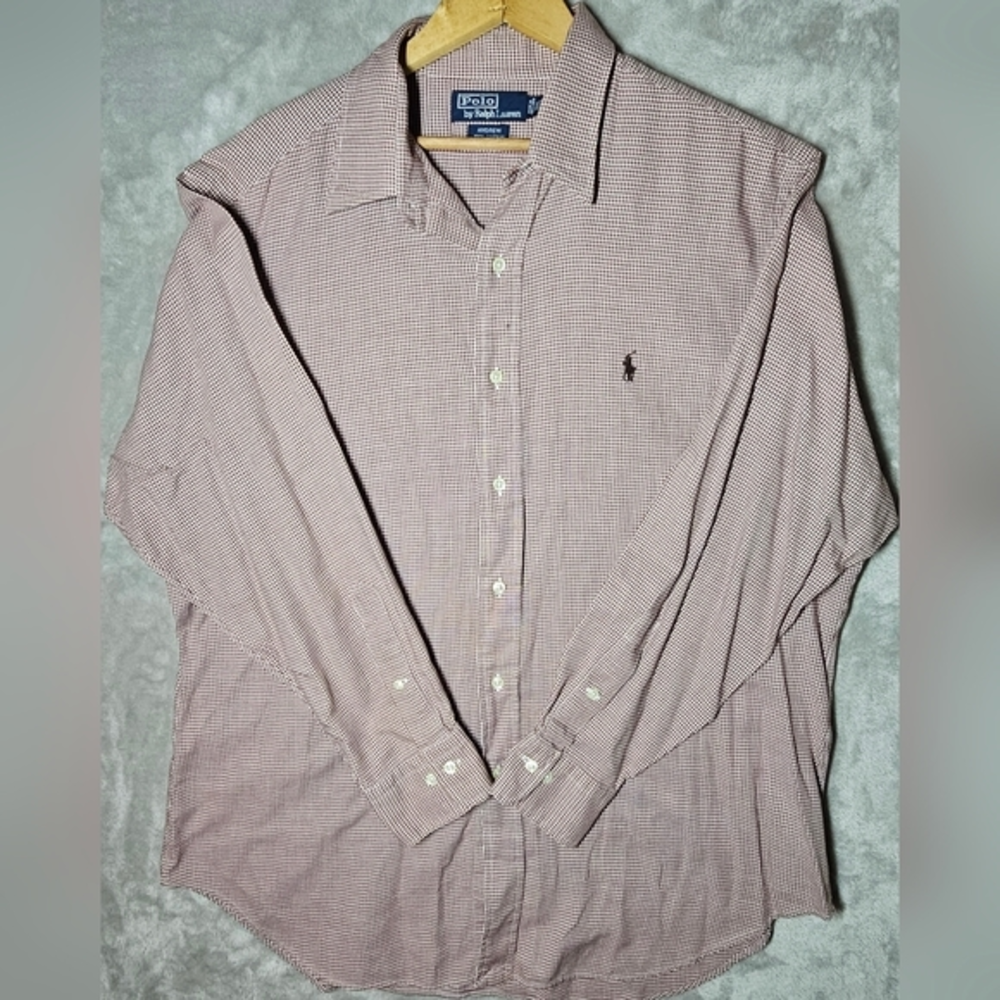 Polo Ralph Lauren Men's Button Up Shirt Andrew White And Brown Tight Checkers.‎